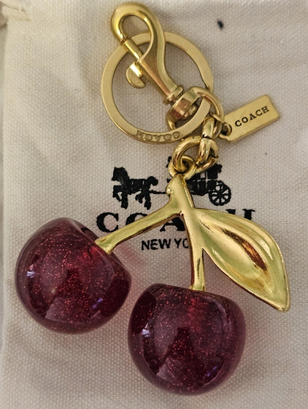 Red Glitter Cherry Purse Charm, Coach Red Cherries Key Chain Or Handbag Charm. - Picture 3 of 3